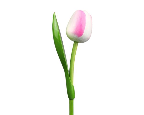Wooden tulip in a wooden base, to stand, 34cm high, made in Holland, color: White/Pink